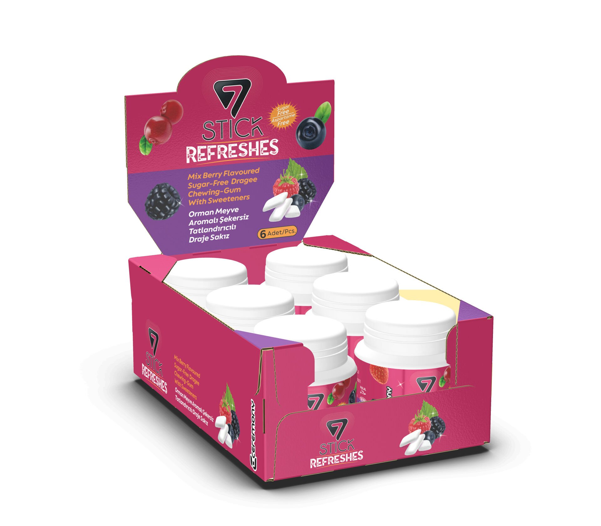 7STICK SEKERSIZ MIX BERRY AROMALI DRAJE SAKIZ 60 PCS(6Adet)