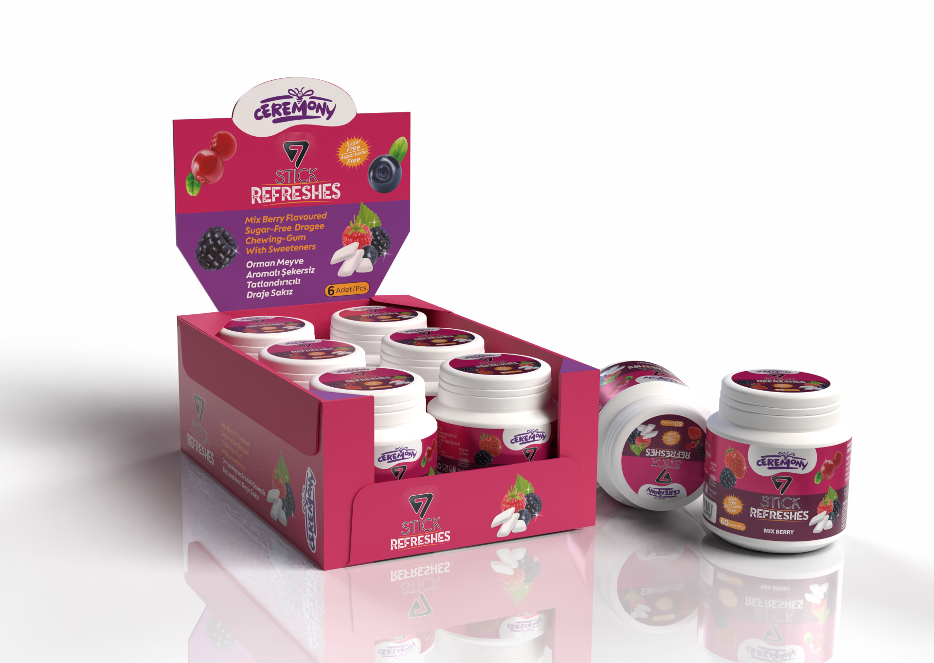 7STICK SEKERSIZ MIX BERRY AROMALI DRAJE SAKIZ 60 PCS(6Adet)