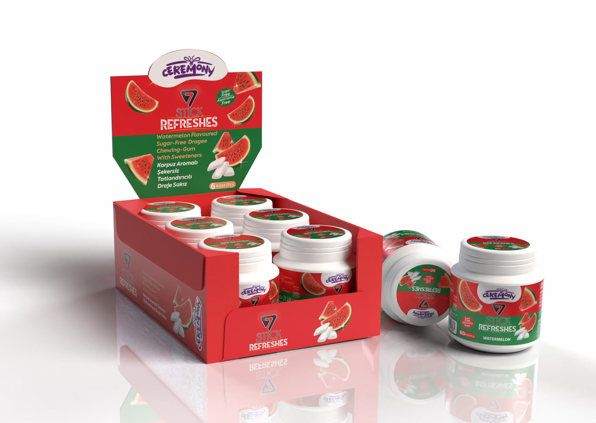7STICK SEKERSIZ WATERMELON AROMALI DRAJE SAKIZ 60 PCS(6Adet)