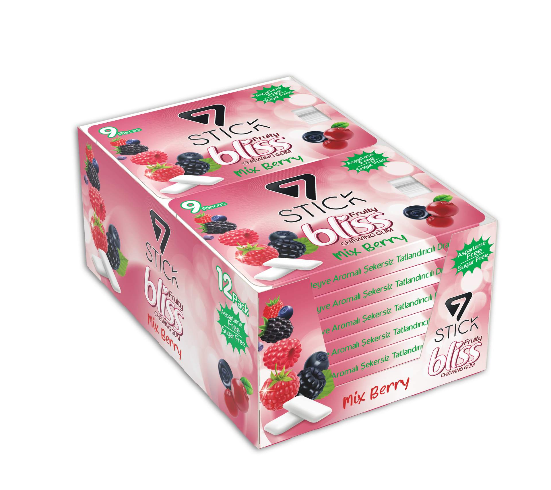 7STICK SEKERSIZ MIX BERRY AROMALI BLISTER SAKIZ 9 PCS (12Adet)